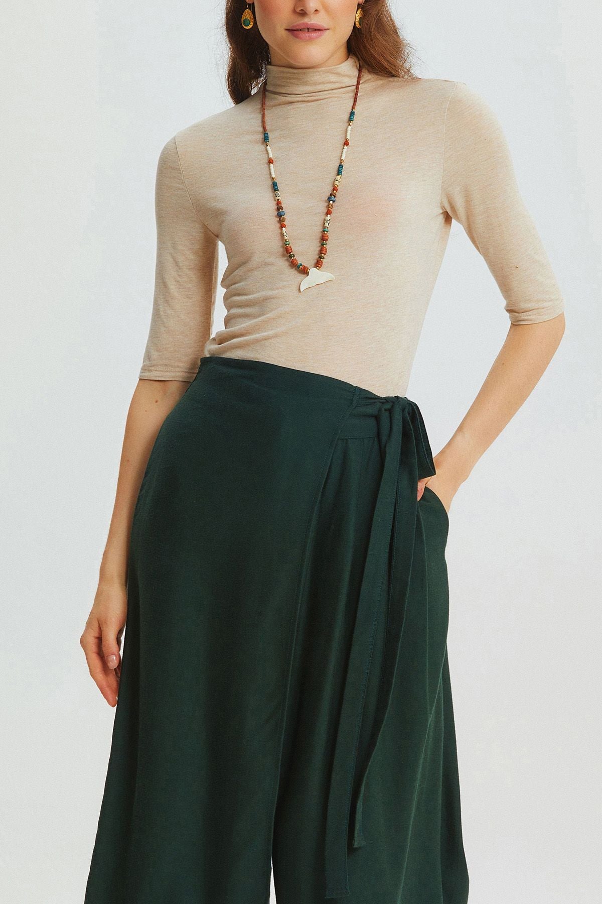 Solid Color Skirted Pants Green