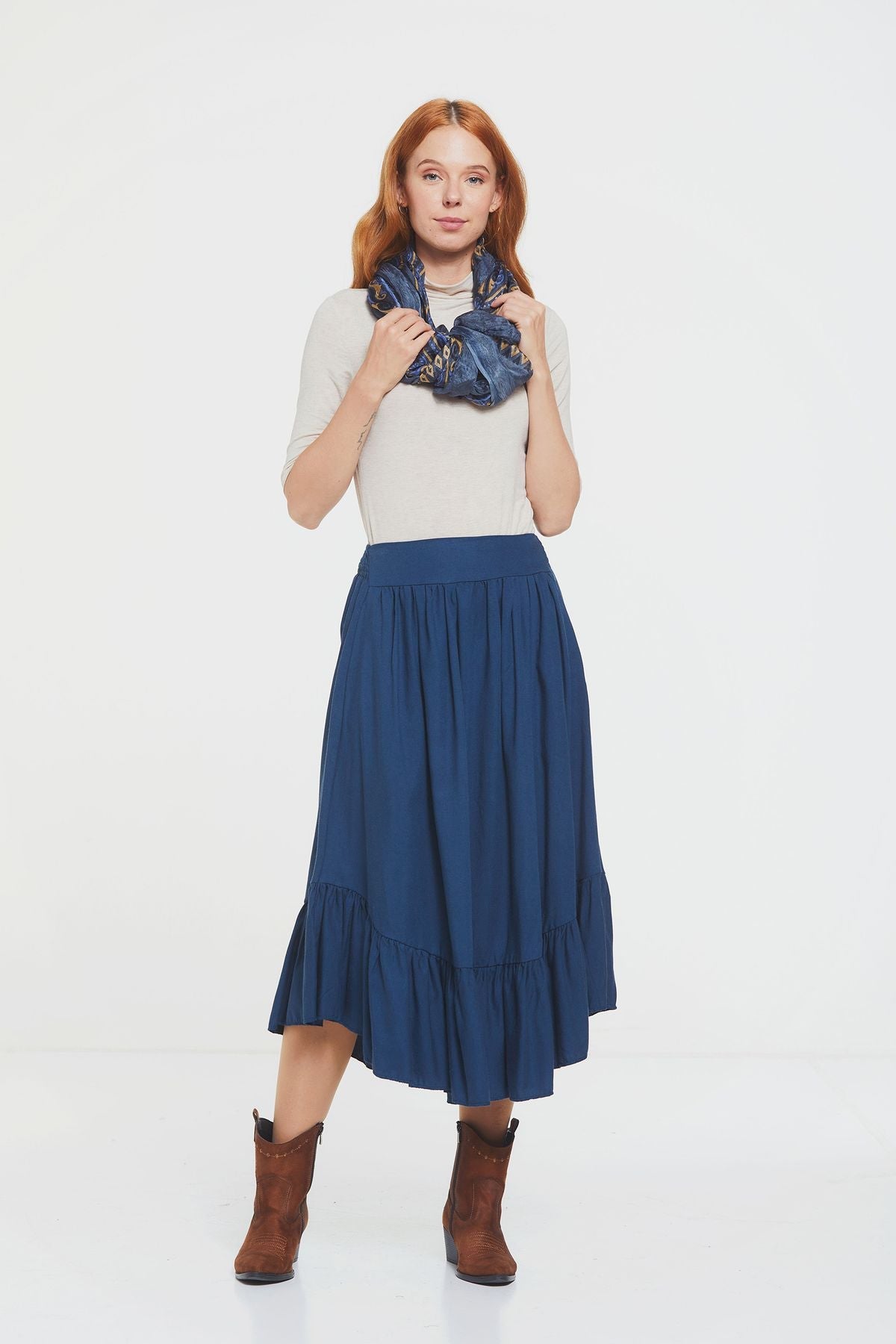 Hippie Midi Frill Skirt Dark Blue