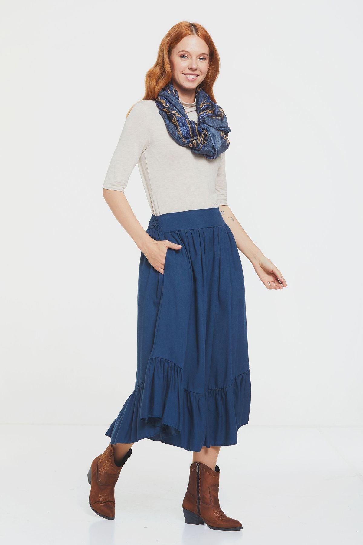 Hippie Midi Frill Skirt Dark Blue