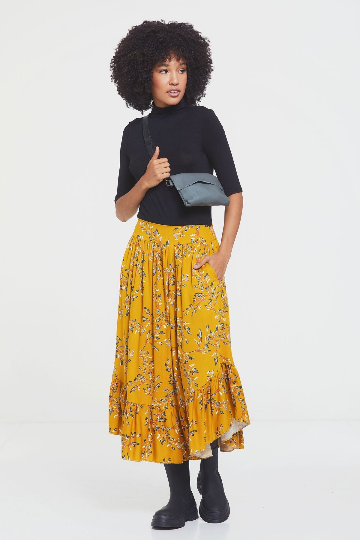 Hippie Midi Frill Skirt Yellow