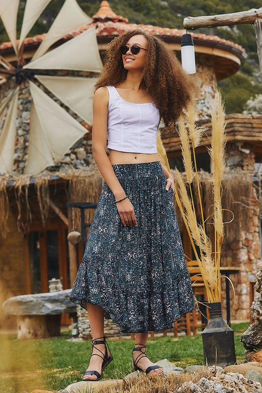 Elastic Waist Printed Hippie Midi Skirt Dark Blue