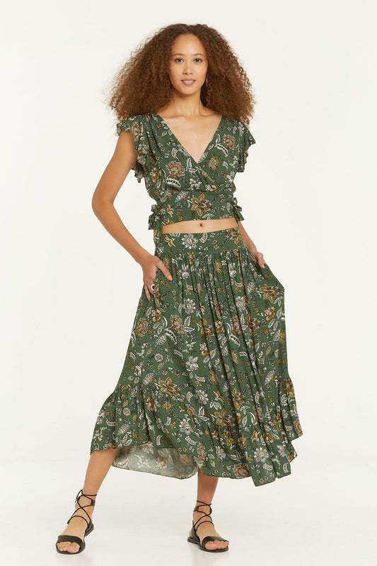 Elastic Waist Printed Hippie Midi Skirt Khaki