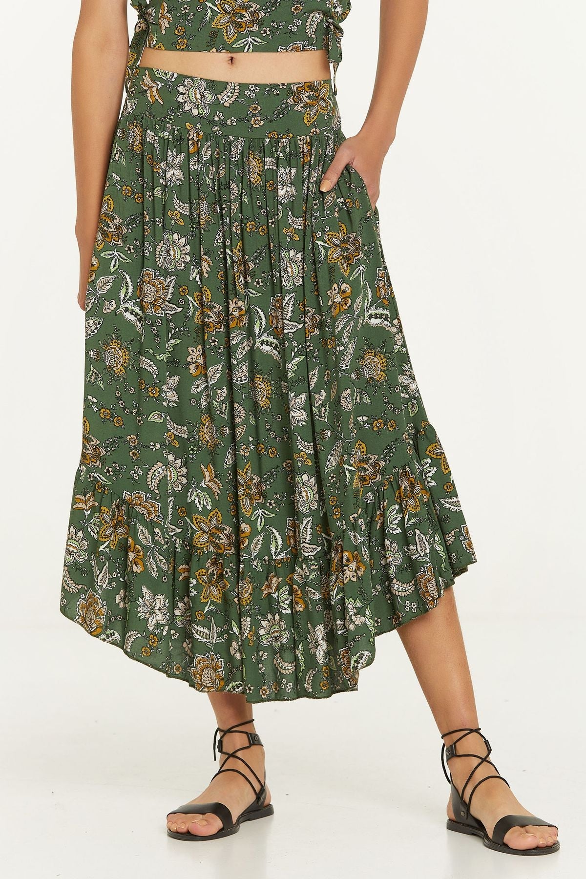 Elastic Waist Printed Hippie Midi Skirt Khaki