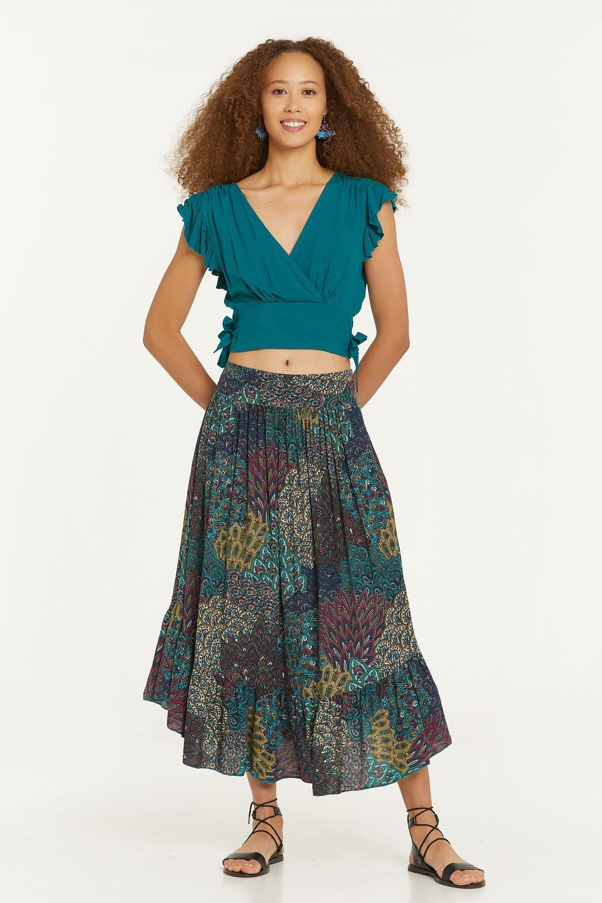 Elastic Waist Printed Hippie Midi Skirt Turquoise
