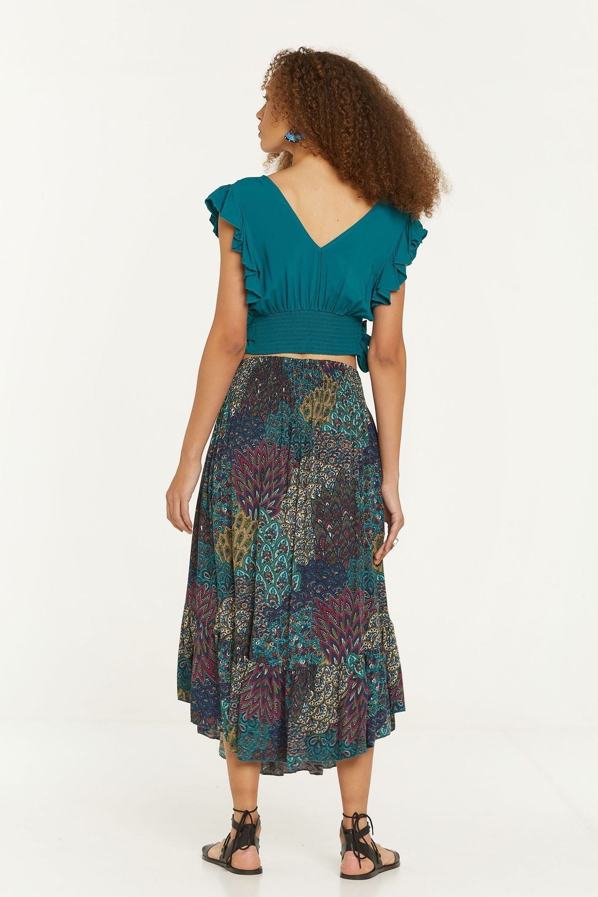 Elastic Waist Printed Hippie Midi Skirt Turquoise