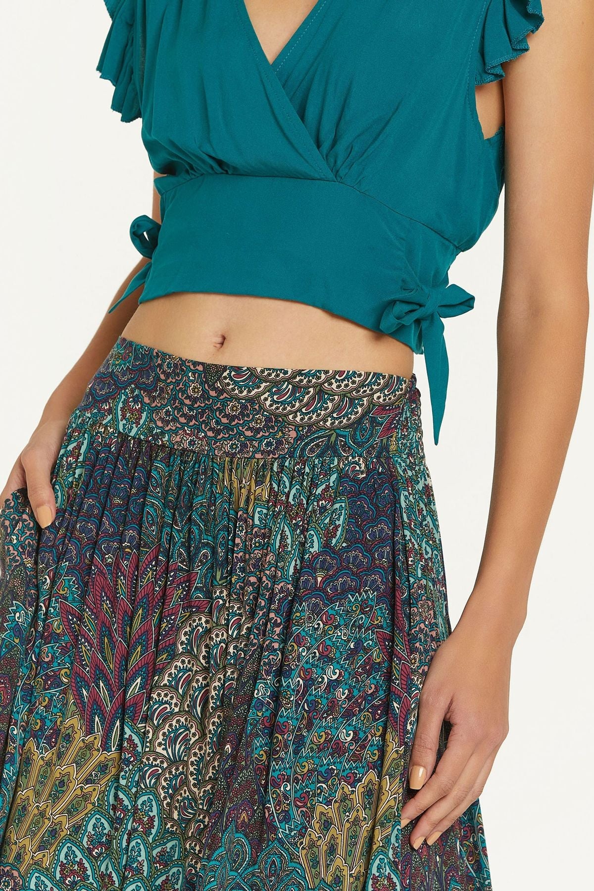 Elastic Waist Printed Hippie Midi Skirt Turquoise