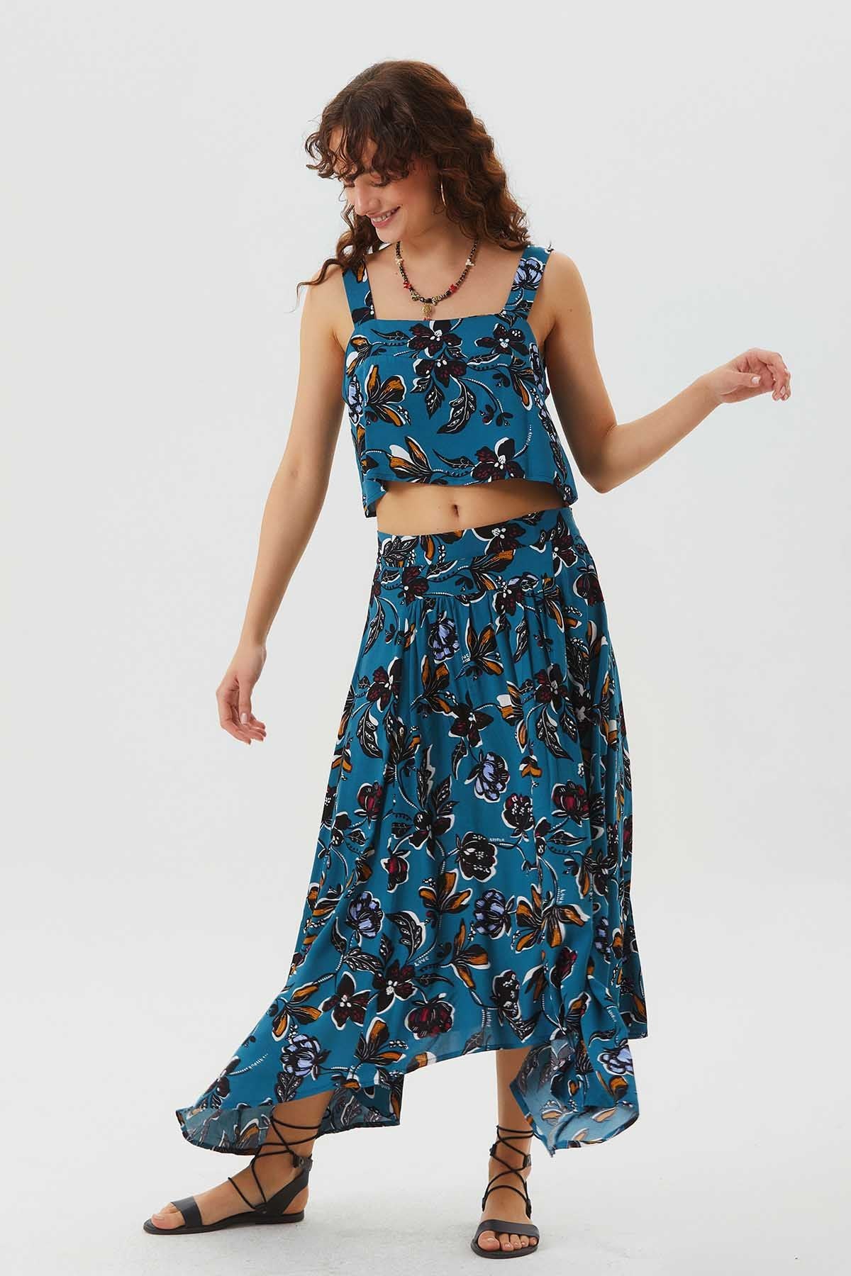 Asymmetric Front Shirring Bohemian Skirt Teal