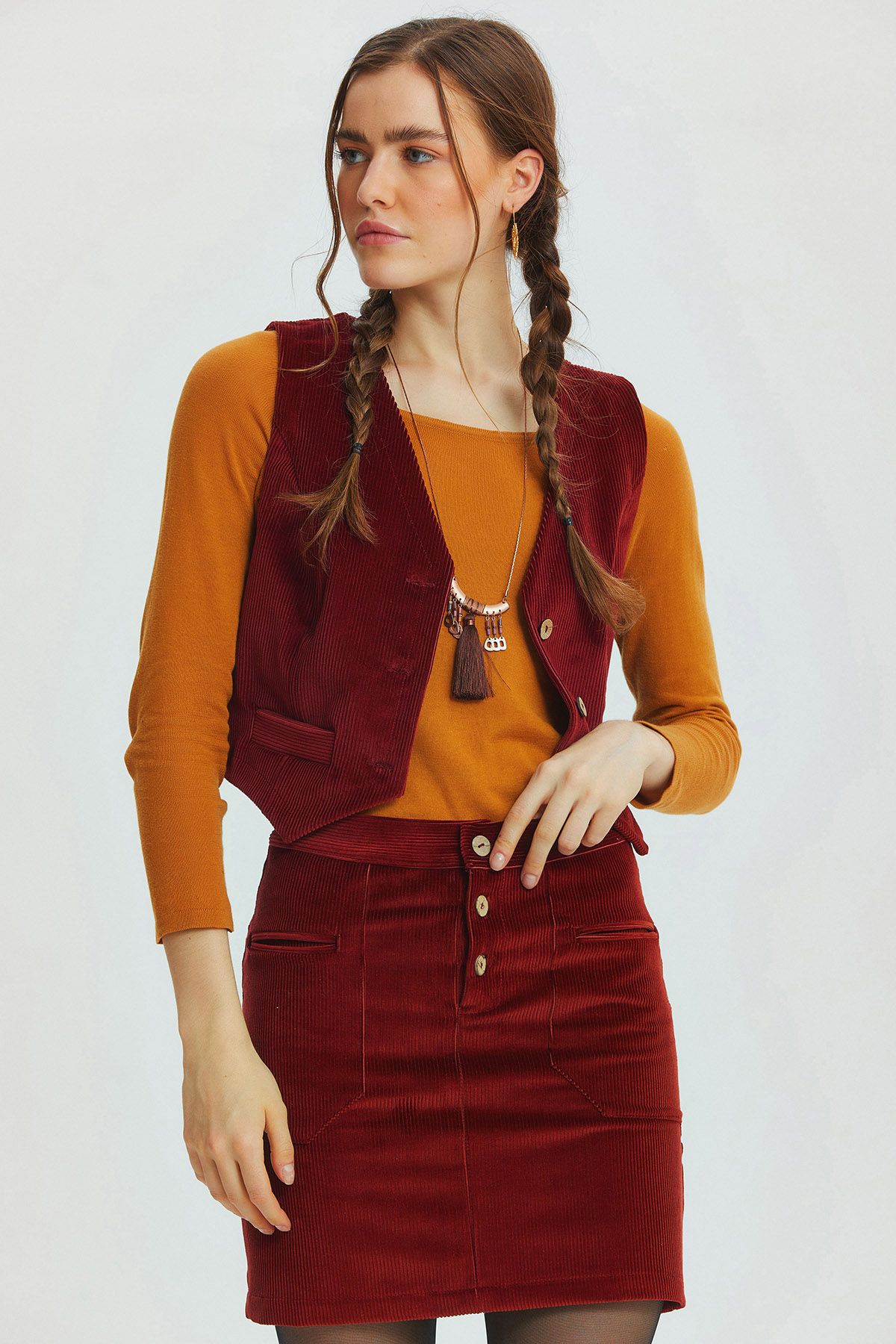 Bohemian Corduroy Mini Skirt Dark Red