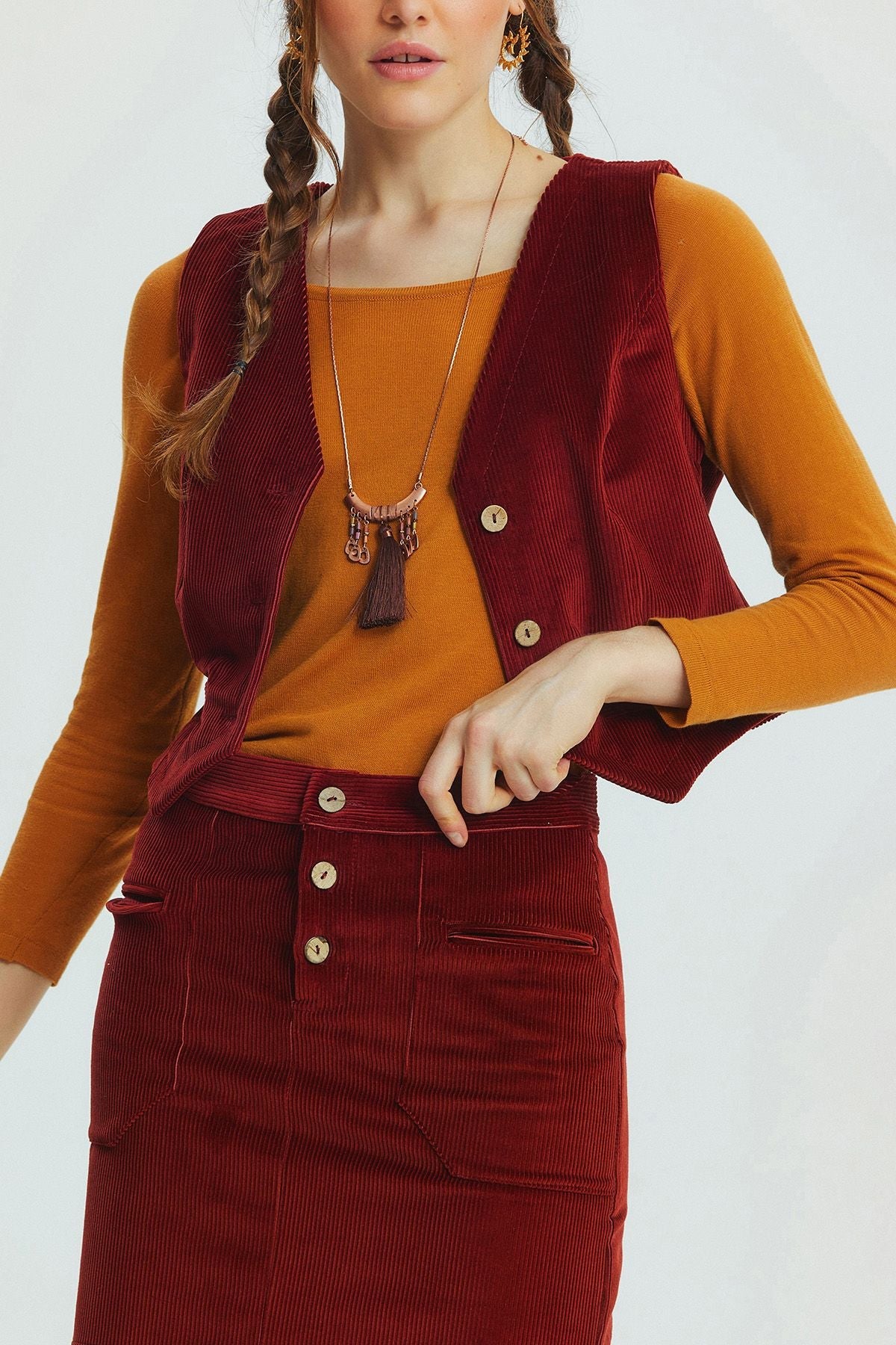 Bohemian Corduroy Mini Skirt Dark Red