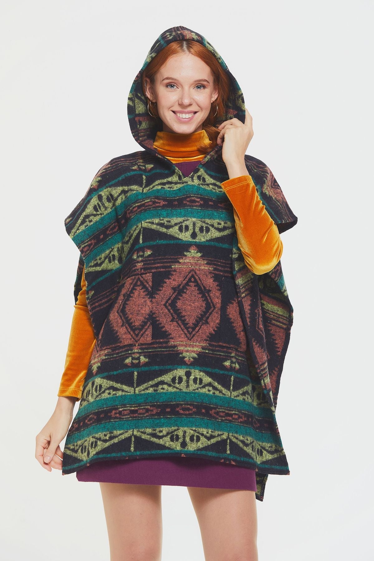 Ethnic Patterned Hooded Poncho Green