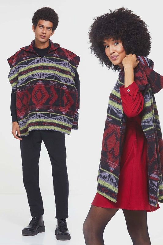 Ethnic Patterned Hooded Poncho Red