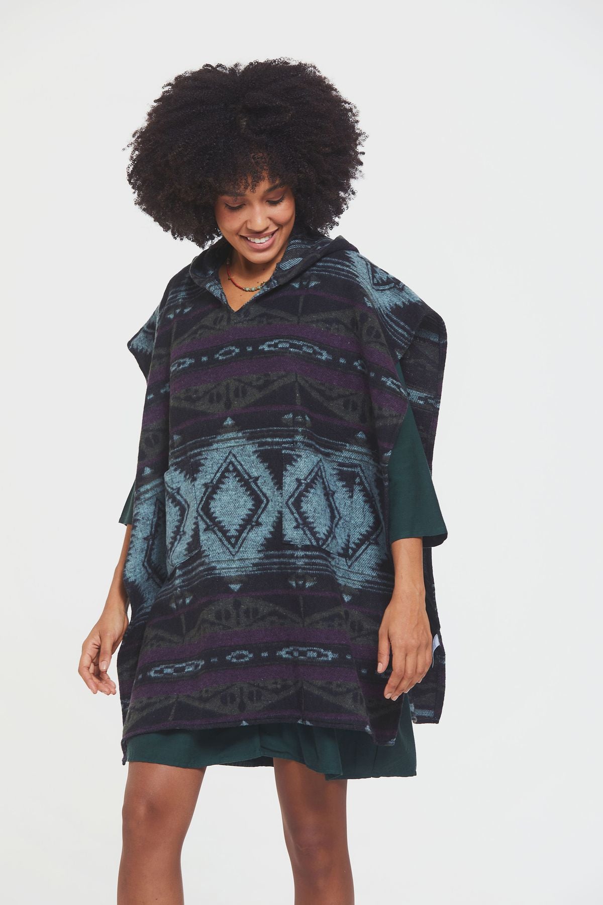 Ethnic Patterned Hooded Poncho Purple